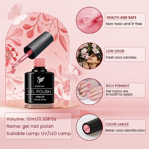 Gel Nail Polish Kit with U V/LED Nail Lamp Phoenixy 14 Colours 10ml Soak Off Gel Nail Polish Set and Glossy Matte Base Top Coat Gift Set for Wome