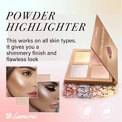Highlighter Make-up Bronzer Powder Palette - Face Highlighter Makeup Palette Set With Mirror - 4 Highly Pigmented Shimmer Colors For Highlighting