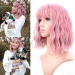 VCKOVCKO Pastel Wavy Wig With Air Bangs Women's Short Bob Purple Pink Wig Curly Wavy Shoulder Length Synthetic Cosplay Colorful Wigs for Girls (1