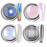 Chrome Nail Powder, White Pearl Nail Powder 4Pcs Chrome Powder for Nails, Metallic Holographic Nail Powder Mermaid Aurora Nail Art Pigment Solid