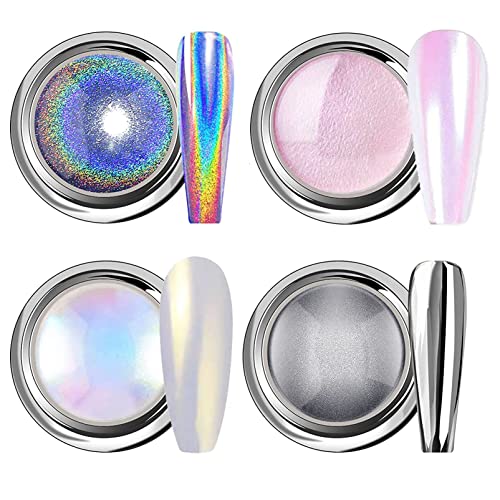 Chrome Nail Powder, White Pearl Nail Powder 4Pcs Chrome Powder for Nails, Metallic Holographic Nail Powder Mermaid Aurora Nail Art Pigment Solid