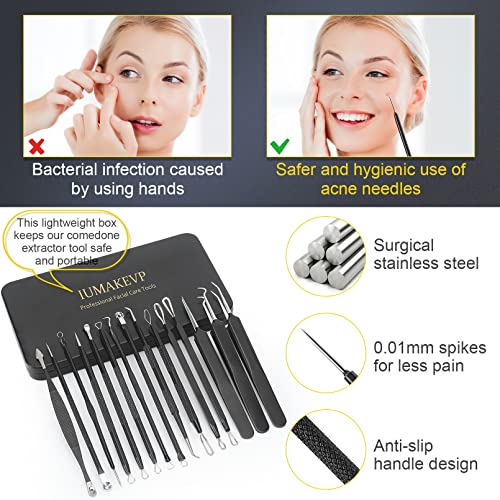 Blackhead Remover Tool Kit, IUMAKEVP 15 PCS Professional Stainless Steel Pimple Popper Comedone Extractor Tools for Removing Pimples, Blackheads,