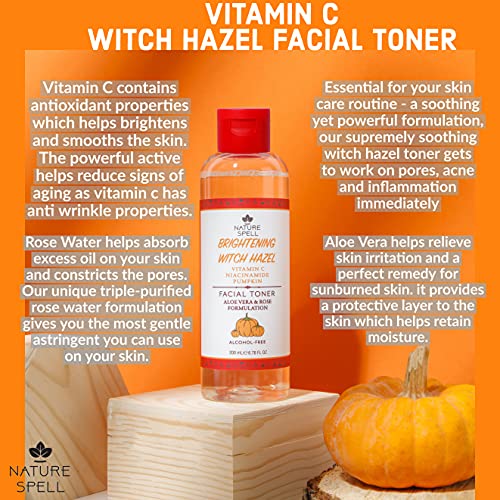 Nature Spell Witch Hazel Brightening Facial Toner with Vitamin C, Pumpkin Seeds, Aloe Vera & Rose Water, Alcohol Free Formulation, for All Skin T