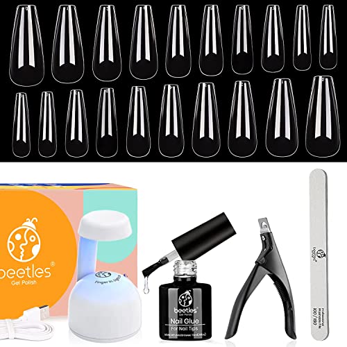 Beetles Easy Gel Tips Nail Extension Kit, 2 In 1 Nail Glue Gel Base Coat with Pre-shaped Medium Almond Nails and U V LED Nail Lamp Acrylic Nail C