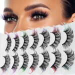 cobee Colored False Eyelashes, 7 Pairs Rainbow Fluffy Eye Lashes Wispy Mink Lashes Fake Eyelashes Natural Look Cat Eye Lashes for Cosplay Party F