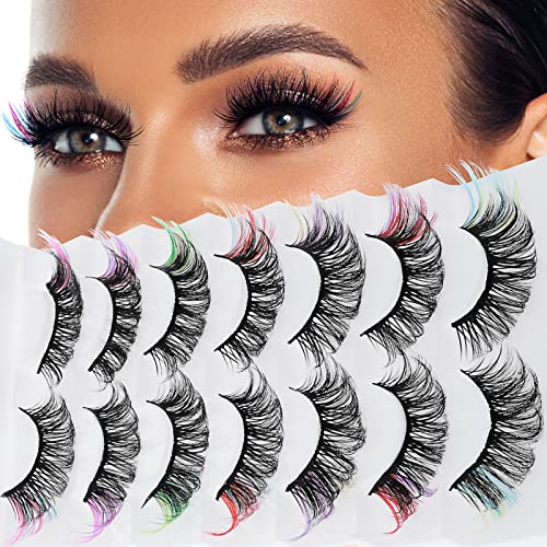 cobee Colored False Eyelashes, 7 Pairs Rainbow Fluffy Eye Lashes Wispy Mink Lashes Fake Eyelashes Natural Look Cat Eye Lashes for Cosplay Party F