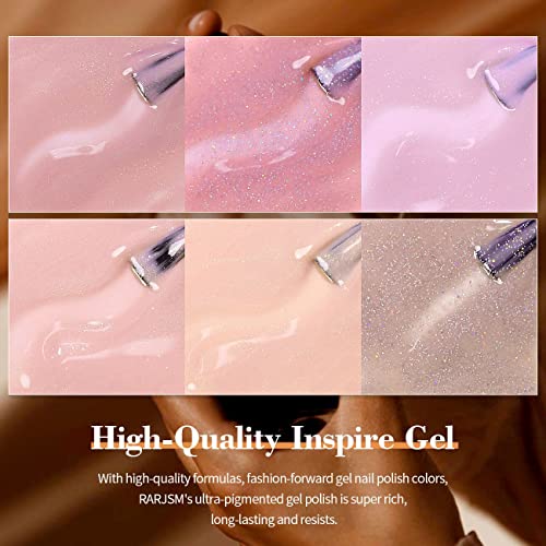 RARJSM Nude Gel Polish Set Pale Pink Milky Jelly Peach Pink Apricot Beige Champagne Brown Shimmer Holographic Glitter Iridescent Gel Nail Polish