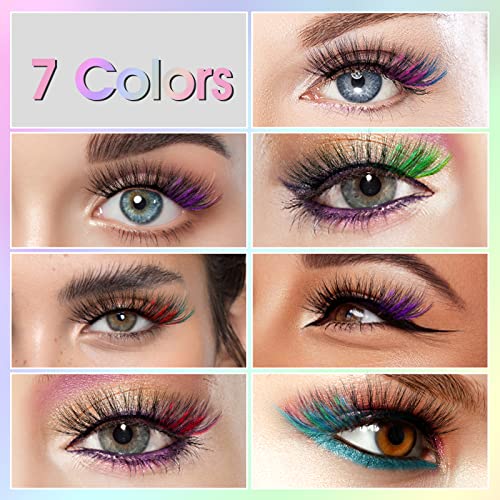 cobee Colored False Eyelashes, 7 Pairs Rainbow Fluffy Eye Lashes Wispy Mink Lashes Fake Eyelashes Natural Look Cat Eye Lashes for Cosplay Party F