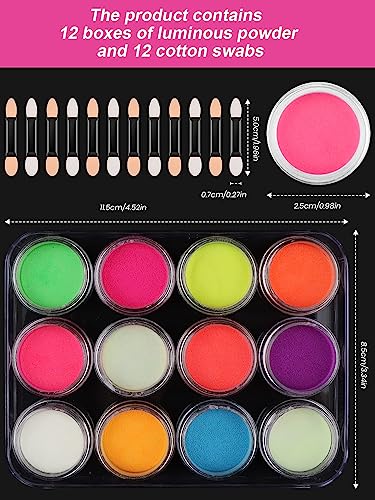 Kalolary 12 Boxes Neon Color Nail Powder Luminous Pigment Nail Powder, Acrylic Nail Powder Art Gradient Powder Rainbow Nail Glitter for DIY Nail