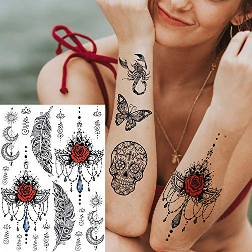 EGMBGM 28 Sheets Tribal Black Temporary Tattoos For Women Girls, Waterproof Fake Tattoos Temporary Elephant Ganesha Lace Tattoo Kits, Lotus Manda