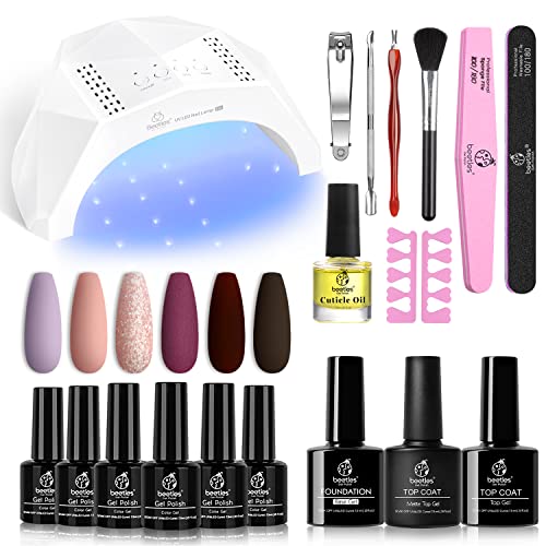 Beetles Gel Nail Polishes Starter Kit, 6 Colors Nail Salon Set with 48W Nail Lamp, Pink Valentines Decorations French White Glitter Pink Nude Gel