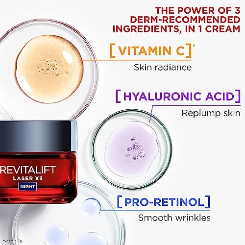 L'Oreal Paris Revitalift Laser Face Moisturiser, X3 Triple Action Anti-Ageing Night Cream With Pro Retinol, Hyaluronic Acid and Vitamin C- 50 ml