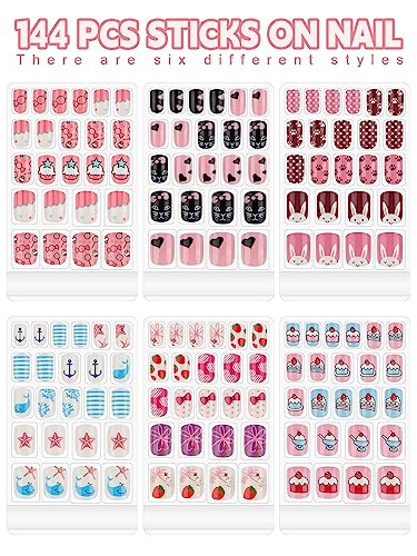 Kalolary 144 PCS 6 Pack Stick on Nails for Kids, Children Nails Press on Pre-glue Full Cover Candy Pattern Short False Nail Kits, Lovely Gift for
