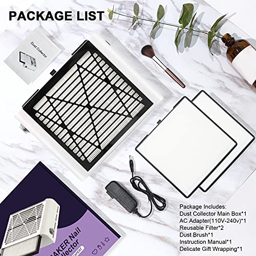 BRANTMAKER Nail Dust Collector with Brush and 2 Reusable Filters, 60W Nail Dust Extractor for Home Salon Use, Vacuum Dust Fan for Acrylic Nails (