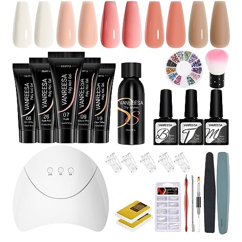 Poly Nail Gel Kit, VANREESA 5 Nude Colours Poly Nail Extension Gel Set with 36W U V Nail Lamp Manicure Tools Builder Enhancement Starter Kit Gift
