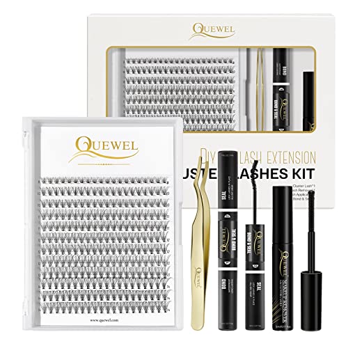 Individual Lashes 240 Cluster-Lashes QUEWEL DIY Lash-Extensions Kit, Clusters Eyelash Applicator, Cluster Lashes Bond and Seal Super Hold, Cluste