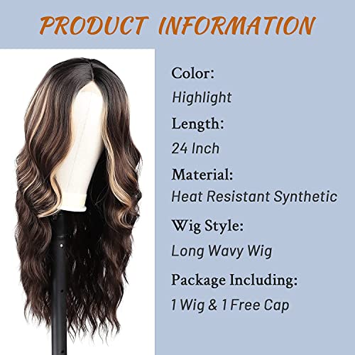 Long Brown Wavy Wig 24 Inch Highlight Wigs for Women Middle Part Curly Synthetic Hair Natural Looking Heat Resistant Fiber for Daily Party Use (B