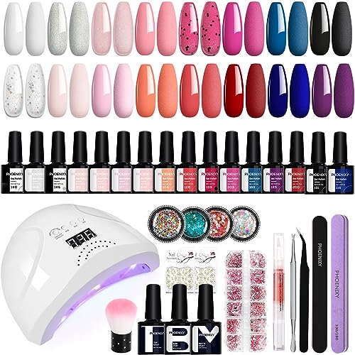 Gel Nail Polish Set, Phoenixy 32 Effect Gel Nail Kit with 48W U V Lamp Starter Kit Complete 8ml 16 Colours Varnish Gel Full Set Professional Salo