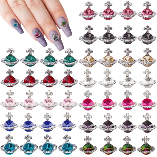 60Pcs Nail Charms Colorful Planet Nail Rhinestones Charms, HOINCO 3D Shiny Saturn Shape Nail Art Alloy Diamond Crystal Luxury Nail Ornament Gems