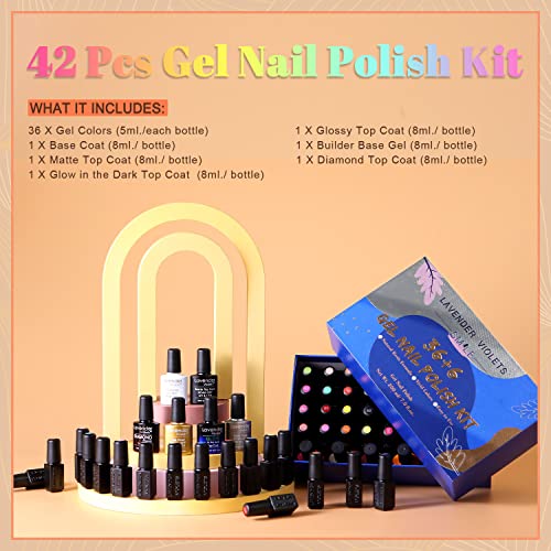 Lavender Violets 36+6 Pcs Gel Nail Polishes Set Neon UV LED Soak Off Varnish With Base,Glossy/Matte/Dimond/Glow-in-the-dark Top Coat Starter Kit