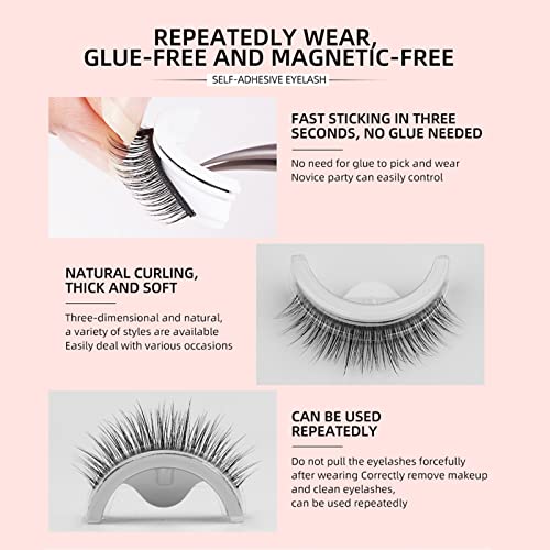 Sadodo Reusable Self Adhesive 3D False Eyelashes,3 Pairs in 1 Case, No Glue Needed,Natural Long Thick Fake Eye Lashes Box with replacement tape (
