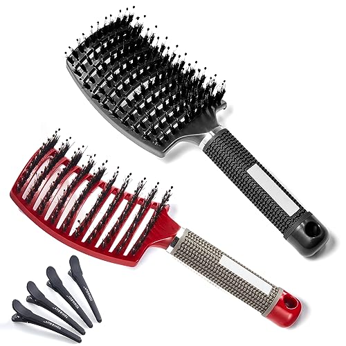 Lictin Curly Hair Brush Comb - Detangler Brush Set Boar Bristle Paddle 2 Hairbrush, Hair Brush Comb Set with 4 Haircilps for Hair Salon or Home S