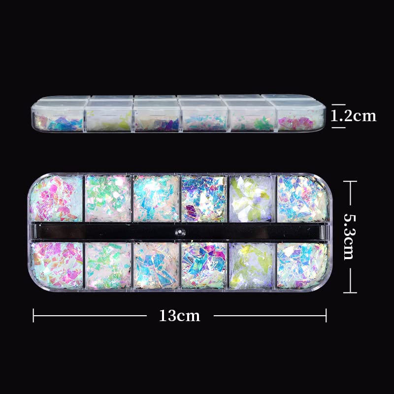Holographic Mermaid Nail Art Glitter Flakes JMEOWIO 12 Grids Holographic Nail Foil Gradient Bright Iridescent Ice Slag Nail Sequins Paillettes Su