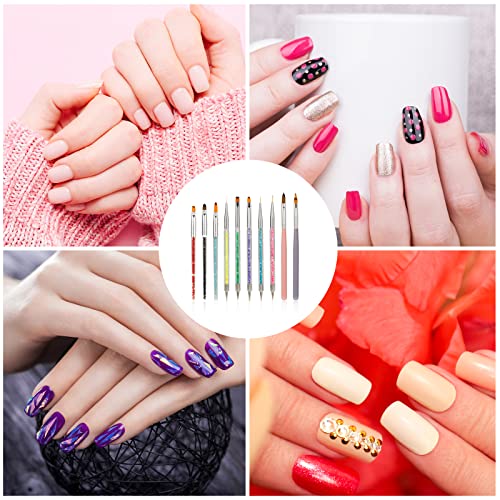Acrylic Nail Art Brushes Set, Thin Nail Liner Brush, 10pcs Nail Painting Brushes Colorful Nail Art Clean Up Brushes & Dotting Pen DIY Design Tool