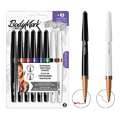 Bic BodyMark Collection Fine - Temporary Tattoo Markers, Cosmetic Quality for Use on Skin - Pack of 8 Assorted Colours, 6 Brush Tips and 2 Fine T