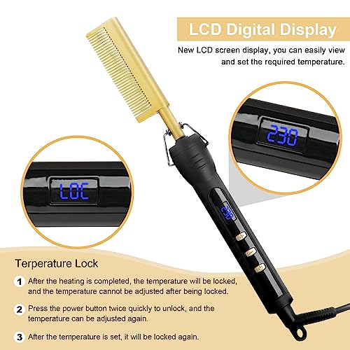 LXMTOU Electric Hot Comb Hair Straightener for Afro Hair Wigs Beard Straightening Comb Ceramic Protable Pressing Comb with LCD Display Dual Volta