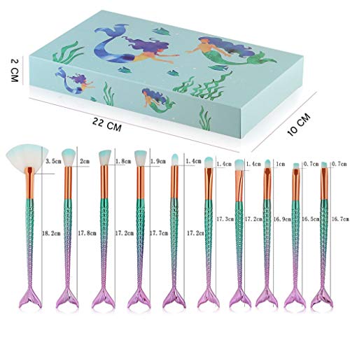 Makeup Brushes, Tenmon 10 Pieces Mermaid Style Eye Brushes Sets Suitable for Concealer Eye Shadow Powder Blush Liquid Foundation Advanced Mixed C