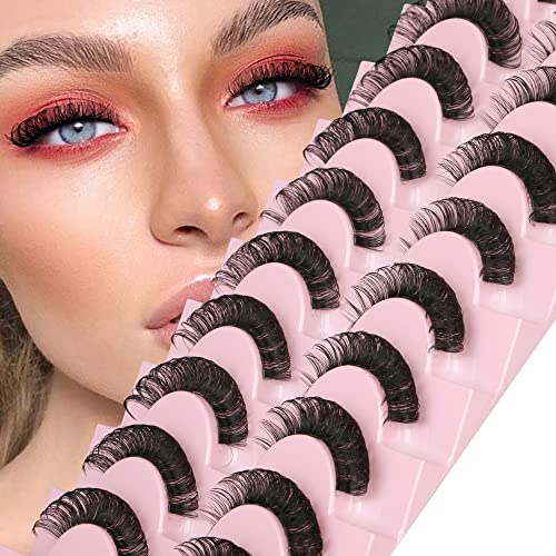 Newcally Eyelashes Russian Strip Lashes Natural Wispy Cat Eye False Eye Lashes Pack 3D Clear Band Fluffy Fake Eyelashes 10 Pairs