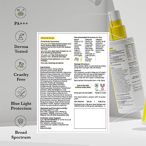 SunScoop Fluid Body Sunscreen Spray SPF 60, No White Cast, Protects from UVA & UVB Rays, Hybrid, for Dry, Normal, and Oily Skin Types | 125 ml (P