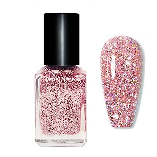 Glitter Nail Polish - Quick Dry Nail Varnish - Rose Gold Shimmering Metal Holographic Nail Paint - Color Pink Champagne Nail Polish No Need Cure