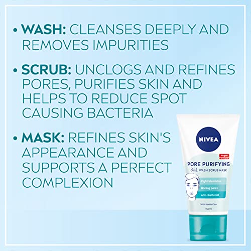 NIVEA 3-in-1 Wash Scrub Mask (150ml), All in One Face Scrub, Face Wash and Face Mask With Natural Magnolia Extract & White Clay, Unclog Pores, Pr