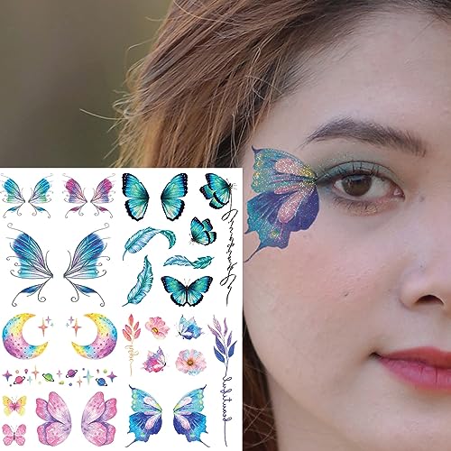 Rosymormor 18 Sheets Glitter Temporary Tattoos for Women Girls, Wings Butterfly Flowers Face Body Shiny Waterproof Stickers Fake Tattoos for Gift