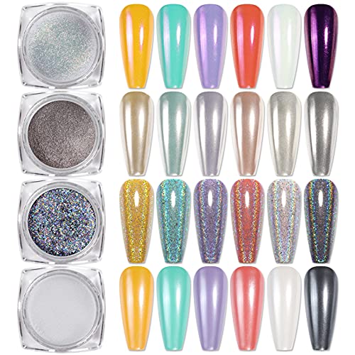 BORN PRETTY Chrome Nail Powder Holo Powder Nail Art Powder Mirror Glitter Rainbow Neon Pearl Pearl Pigment Manicure Glitter Dust 4 Boxes