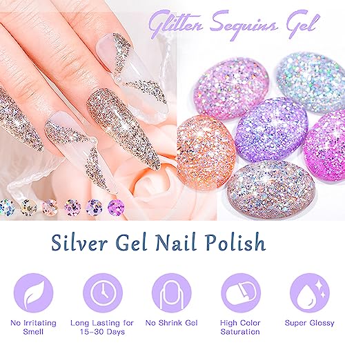 Glitter Gel Nail Polish - Silver Gel Nail Polish - Soak Off UV LED Sparkle Silver Glitter Gel Polish - Long-Lasting - Ideal for Home Use