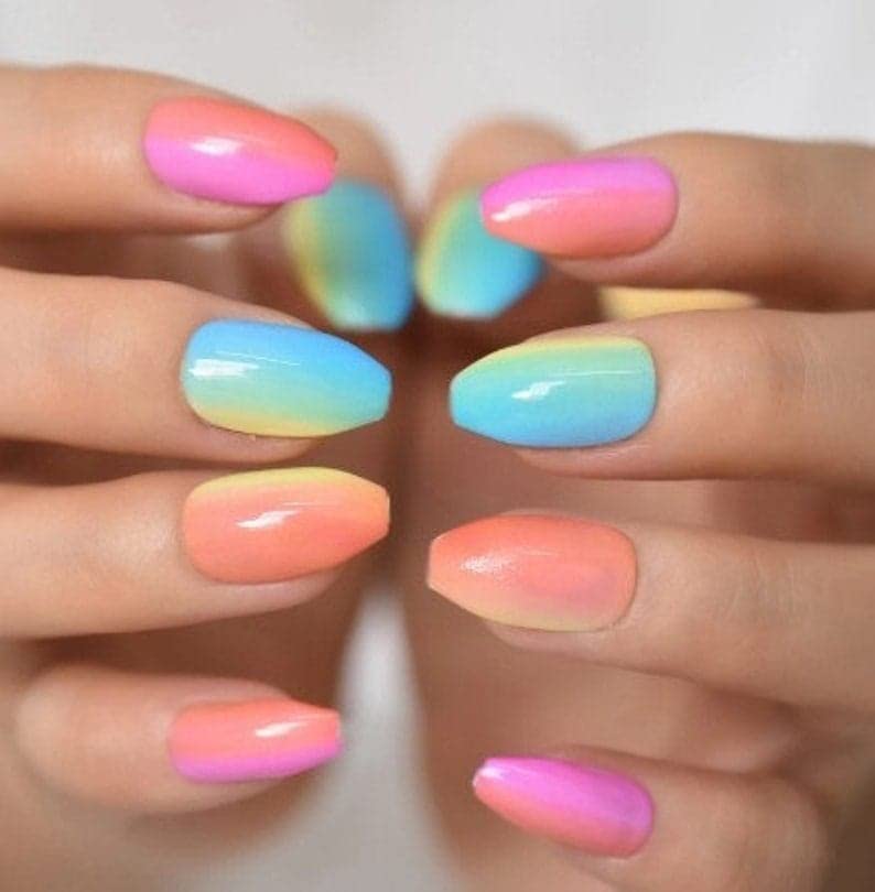 Ayyla 24 pieces Rainbow Colourful Bellarina Omber Colorful False Nails Long Acrylic Full Cover Fake Nails Tips Stick On Nails for Girls Women (sh