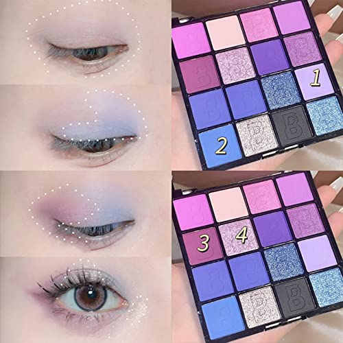 Purple Eyeshadow Palette, 16 Colour Glitter Matte Eye Shadow Pallets For Women, Long Lasting Blue Purple Highly Pigmented Eye Shadow Waterproof B