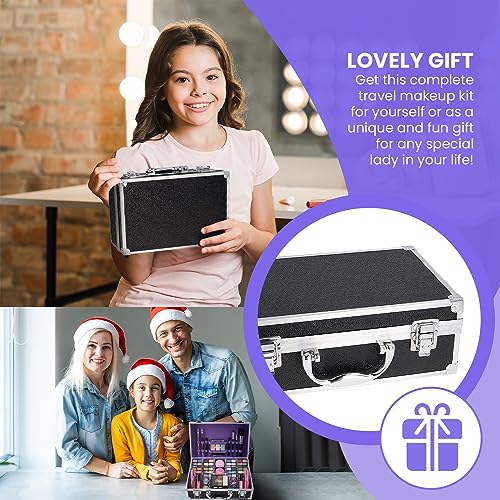 Bliss Makeup Case with Vegan Makeup Products – Complete Makeup Suitcase with Eyeshadow, Blusher, Lipstick, Eyebrow Wax and Powder, Brushes – Alum