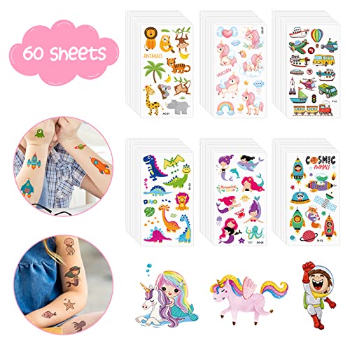 ECHOCUBE Temporary Tattoos for Kids,60 sheets Mixed Style Waterproof Fake Tattoo Sticker Set with Dinosaur Animal Space Unicorn Mermaid Car Theme