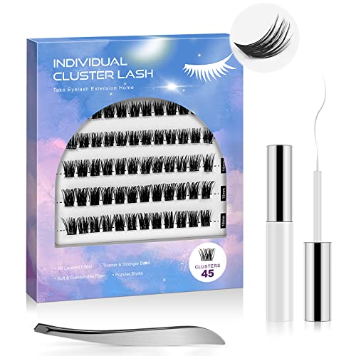 Individual Lashes,Wispy Cluster Lashes 45 Cluster Lashes D Curl DIY Eyelash Extension At Home-Russian Volume Cluster Lashes Mix Length 10/12/14/1