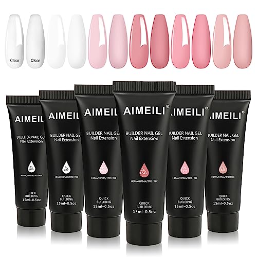 AIMEILI Poly Nail Gel Set, 6 Colors 15ml Nude Pink Brown Daily Collection Nail Extension Gel Set Builder Nail Gel French Manicure DIY Design Nail