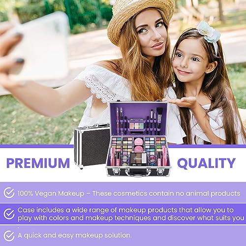 Bliss Makeup Case with Vegan Makeup Products – Complete Makeup Suitcase with Eyeshadow, Blusher, Lipstick, Eyebrow Wax and Powder, Brushes – Alum