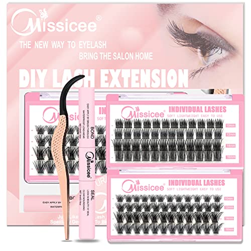 Eyelash Extension Kit at Home, Missicee 96 PCS D Curl Wide-Stem Cluster Lashes DIY Lash Extension Kit with 48 Hours Long-Lasting Cluster Lash Glu
