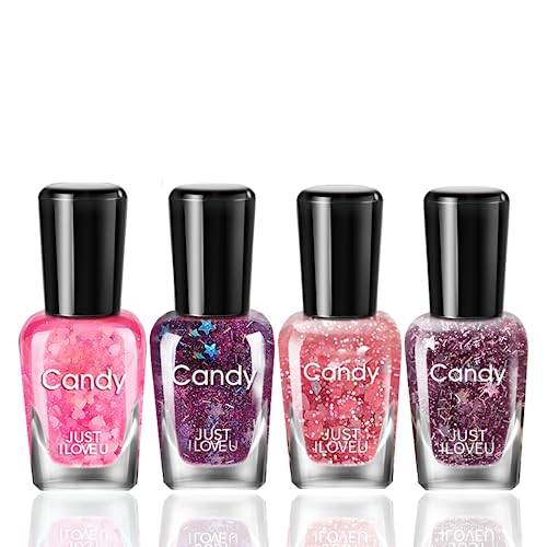 Glitter Nail Polish Nail Varnish - 4PCS Glitter Pink Nail Polish Nude Nail Varnish - Quick Drying & Long Lasting Holographic Nail Polish - Water