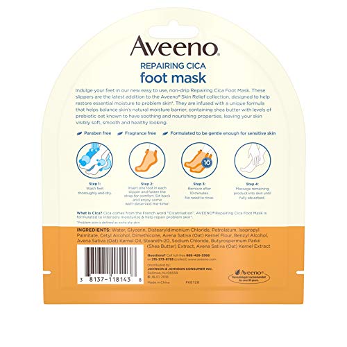 Aveeno Repairing CICA Foot Mask with Prebiotic Oat and Shea Butter, Moisturizing Foot Mask for Extra Dry Skin, 1 Pair of Single-Use Slippers