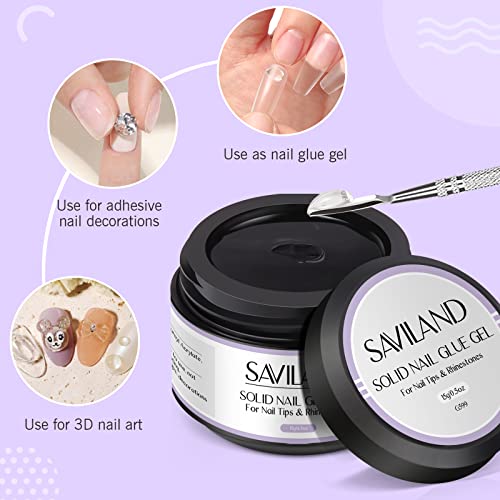 Saviland 15ML Solid Nail Glue Gel - 4 In 1 Extra Strong Nail Tips Glue Gel for Nails, Stick On Gel Nail Glue for Acrylic Tips Strong Nail Glue an