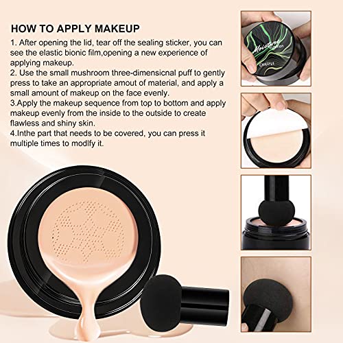 Mushroom Head Air Cushion CC Cream, BB Cream, Moisturizing Concealer, Makeup Base Long Lasting with Mushroom Makeup Sponge, Easy to Apply, Round